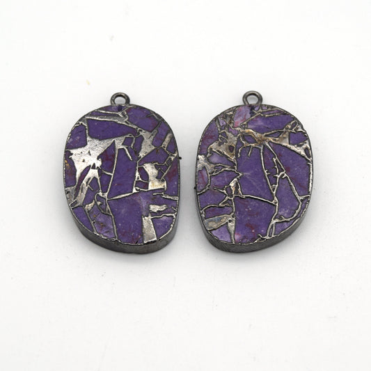 20mm x 26mm OOAK Matching Pair of Lavender Reconstituted Copper Turquoise & Gunmetal Mosaic Oval Shaped Flat Pendants
