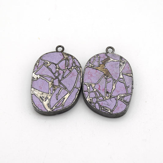 20mm x 26mm OOAK Matching Pair of Lavender Reconstituted Copper Turquoise & Gunmetal Mosaic Oval Shaped Flat Pendants