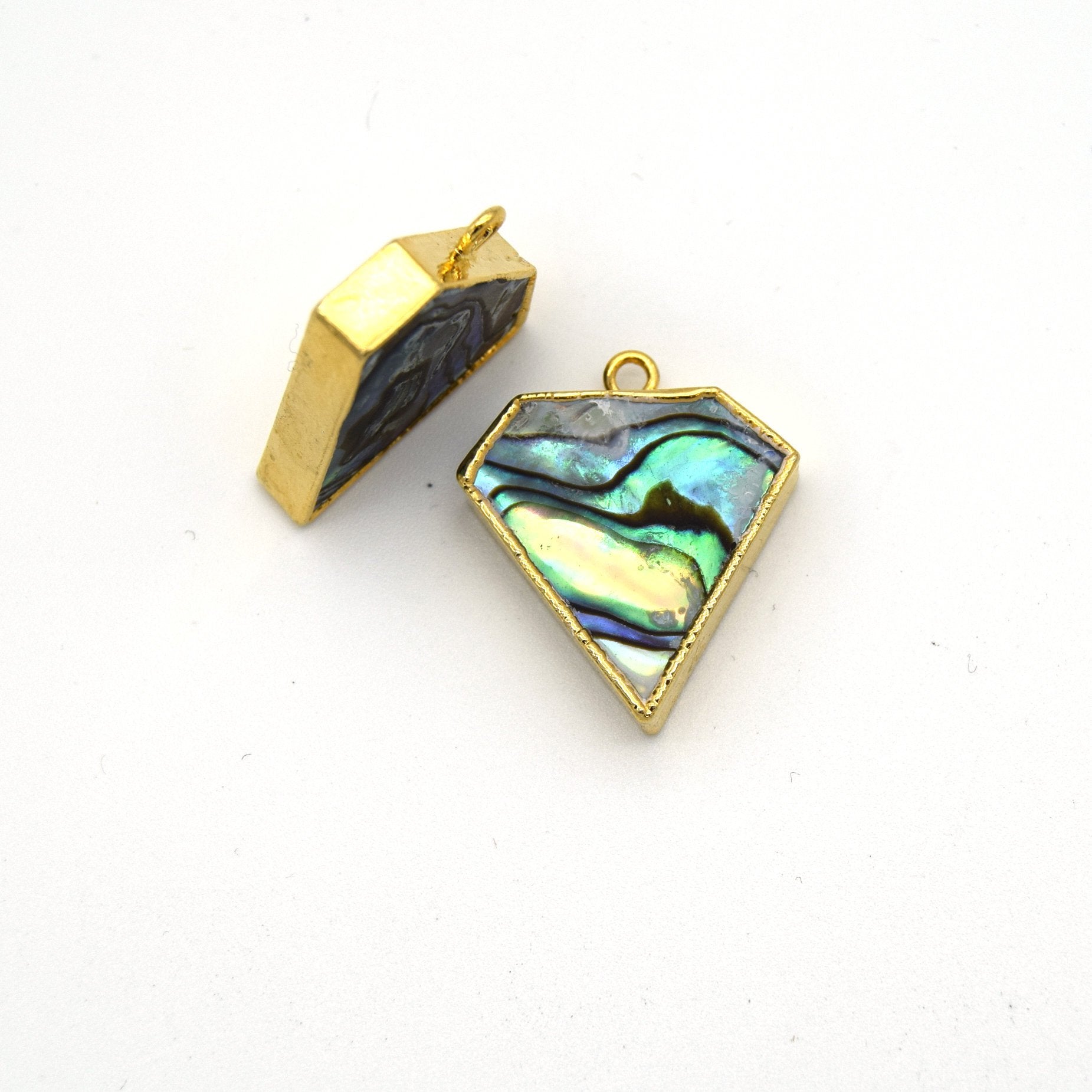 20mm x 20mm Gold Plated Natural Iridescent Rainbow Abalone Flat Shield Shaped Pendant