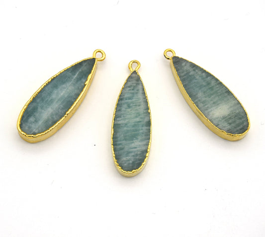 Pale Pastel Green Amazonite Bezel | 11mm x 30mm Gold Plated Natural Long Teardrop Shaped Flat Pendant
