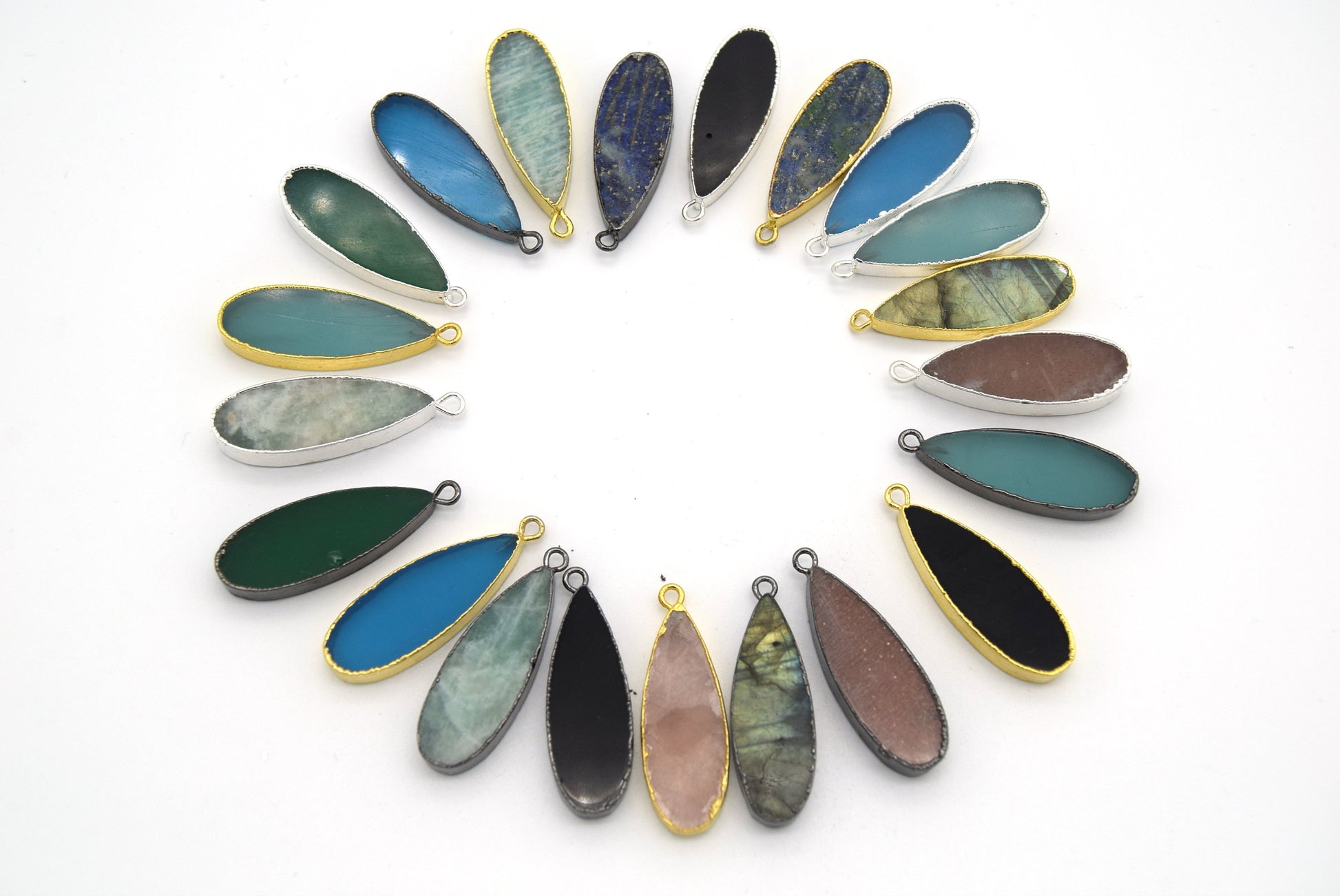 11mm x 30mm Gold Plated Natural Semi-Transparent Pale Teal Agate Long Teardrop Shaped Flat Pendant