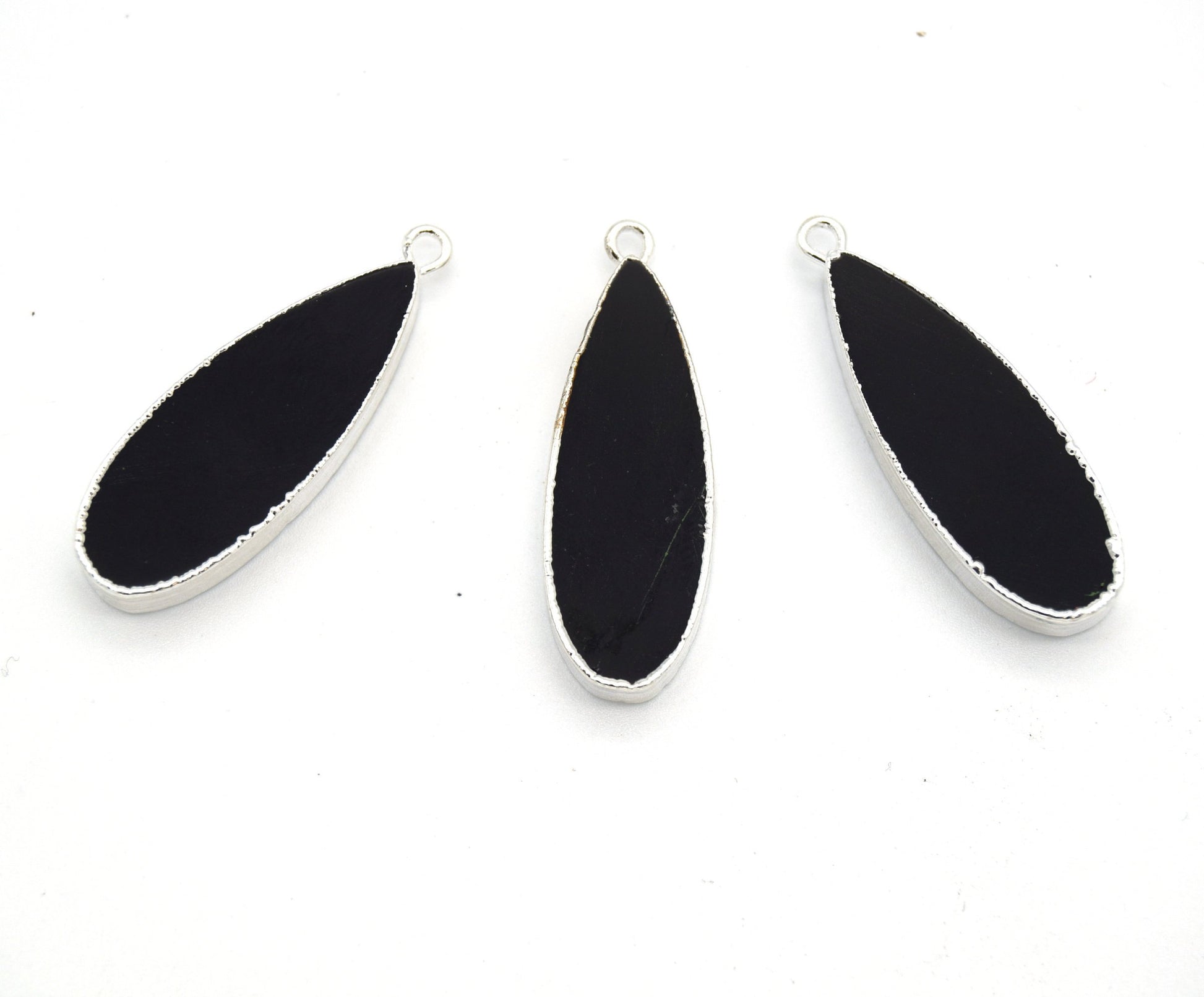 11mm x 30mm Silver Plated Natural Black Onyx Long Teardrop Shaped Flat Pendant - Sold Individually