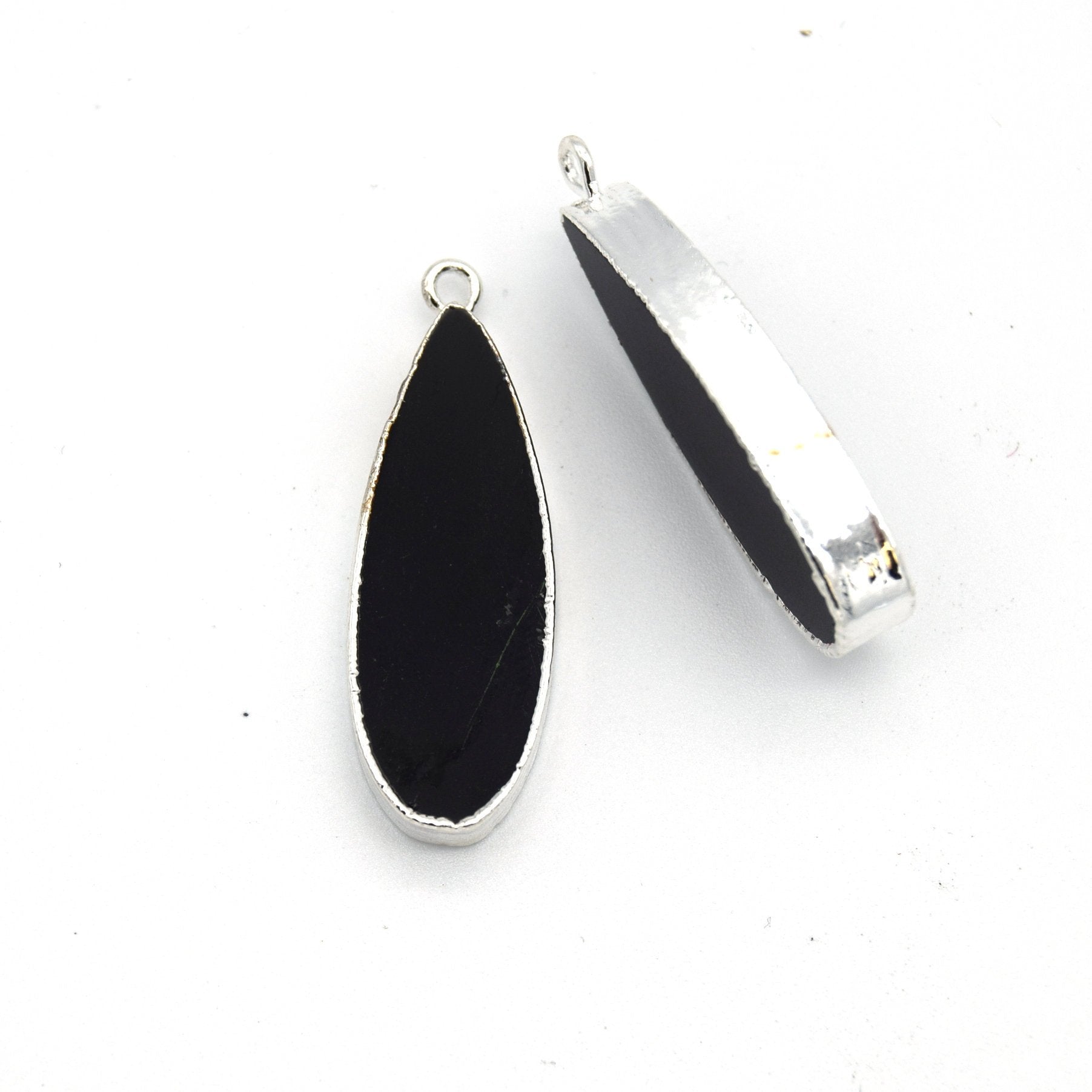 11mm x 30mm Silver Plated Natural Black Onyx Long Teardrop Shaped Flat Pendant - Sold Individually