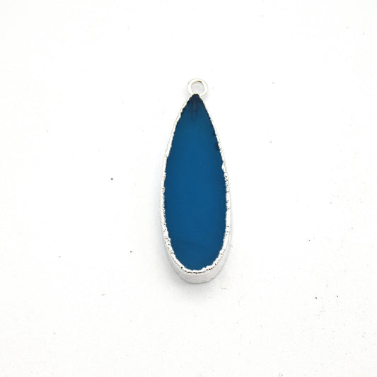Blue Agate Bezel | 11mm x 30mm Silver Plated Natural Semi Transparent Long Teardrop Shaped Flat Pendant