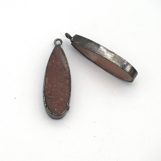 Peach Moonstone Bezel | 11mm x 30mm Gunmetal Plated Natural Long Teardrop Shaped Flat Pendant