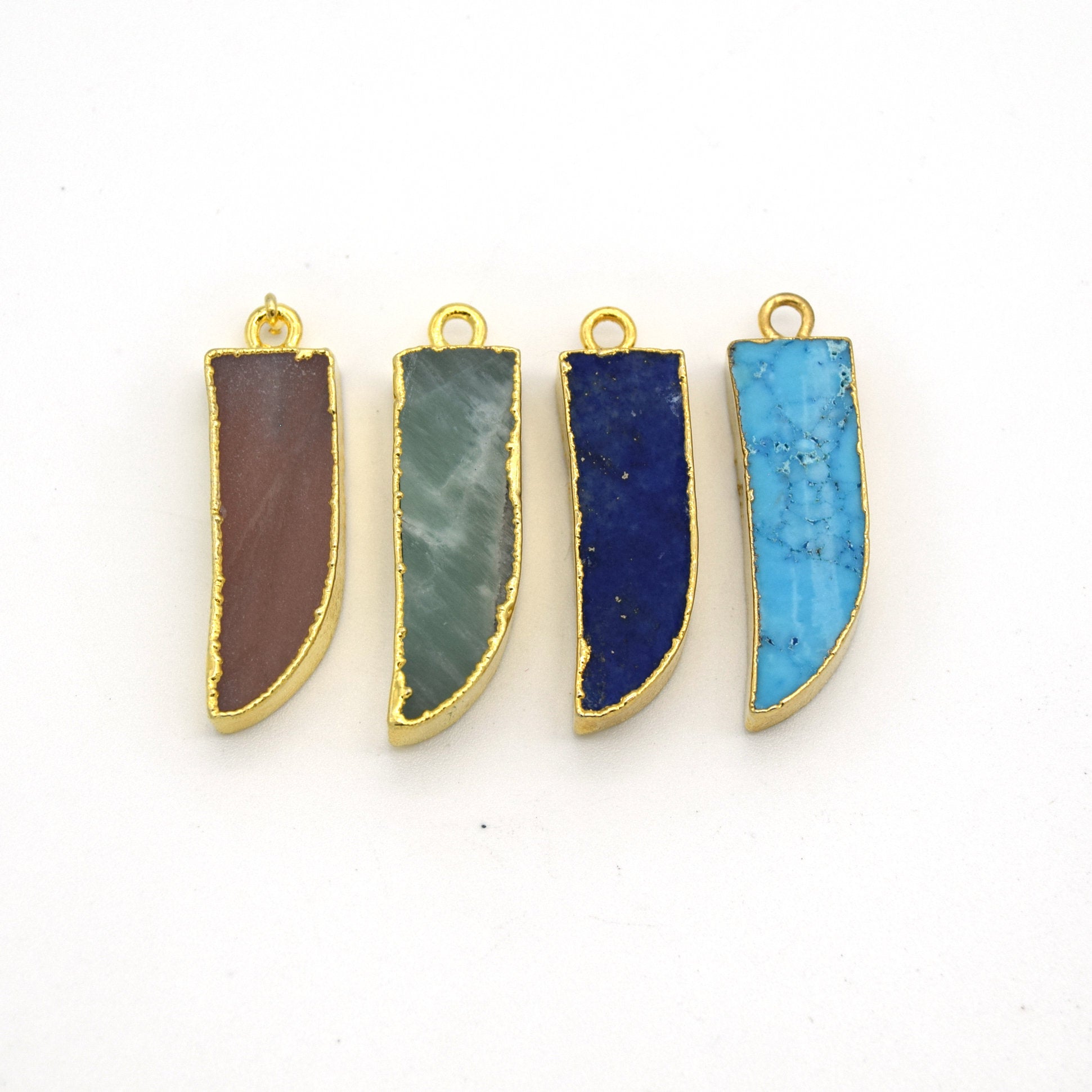 7mm x 22mm Gold Plated Tusk/Fang/Horn Shaped Natural Pale Blue/Green Amazonite Pendant