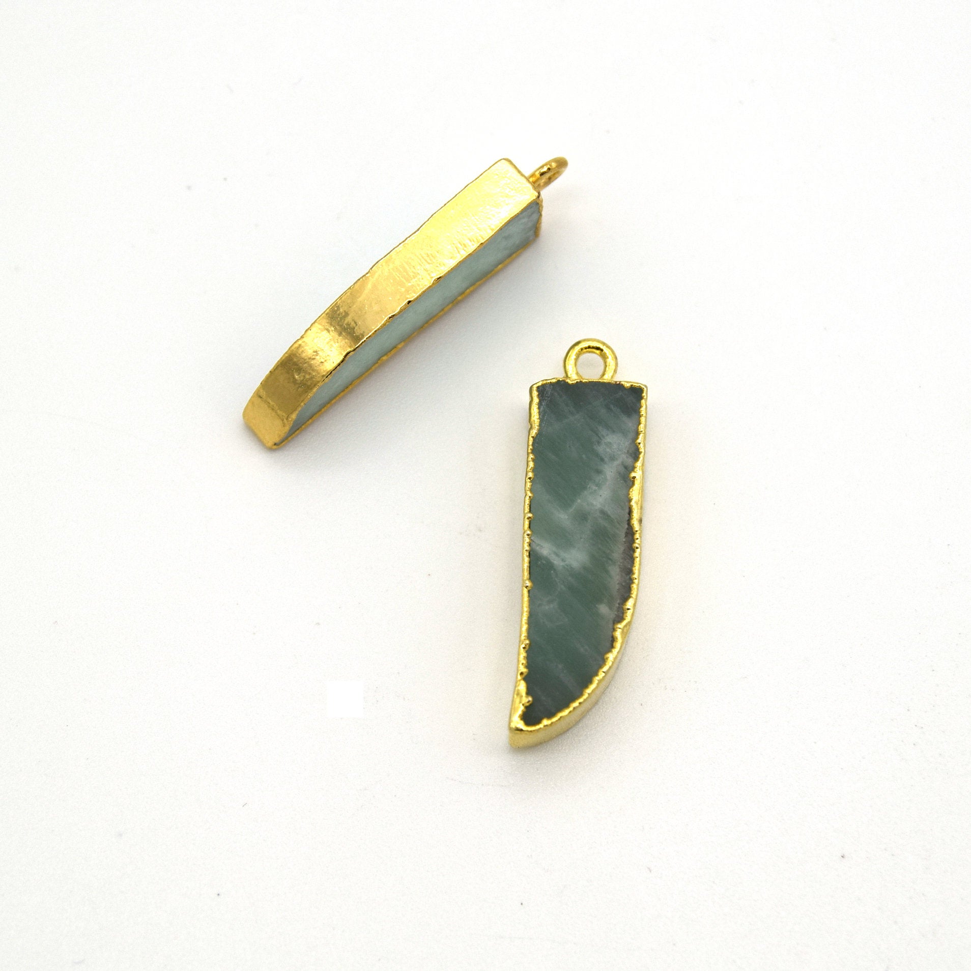 7mm x 22mm Gold Plated Tusk/Fang/Horn Shaped Natural Pale Blue/Green Amazonite Pendant
