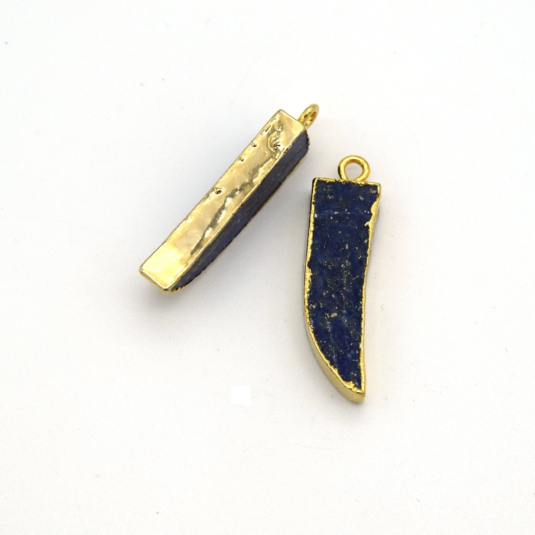 7mm x 22mm Gold Plated Tusk/Fang/Horn Shaped Natural Mixed Blue/Green Lapis Lazuli Pendant