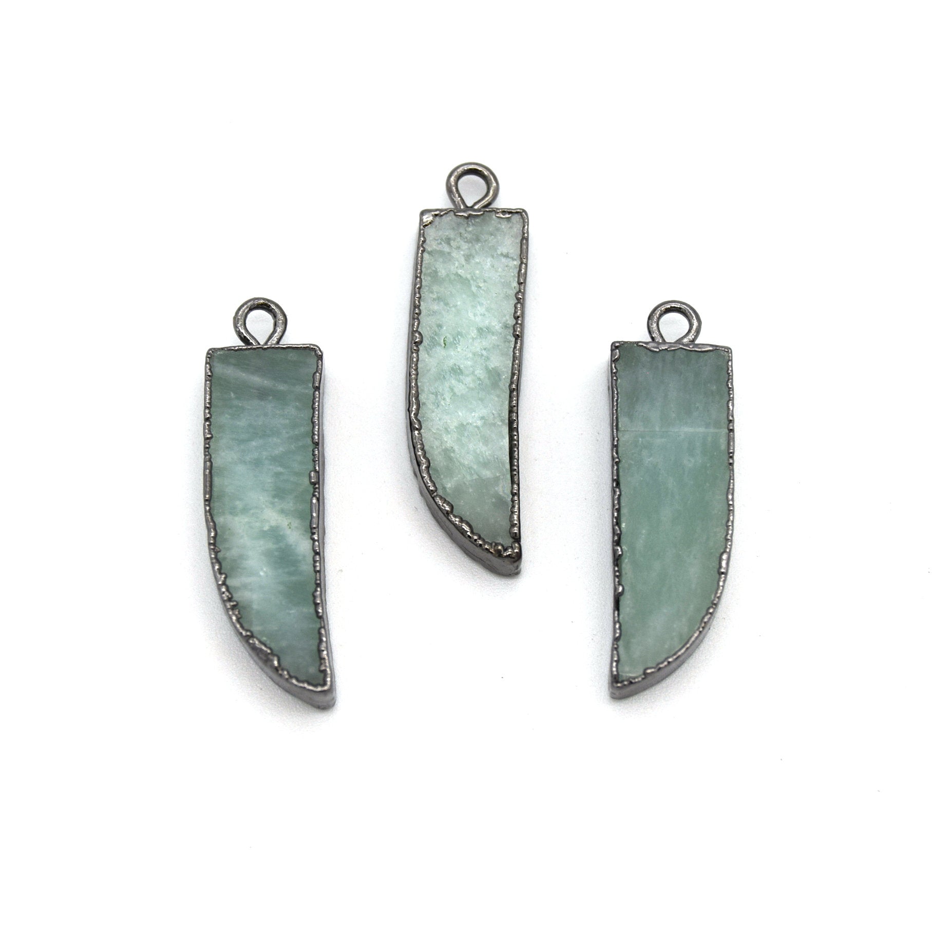 7mm x 22mm Gunmetal Plated Tusk/Fang/Horn Shaped Natural Pale Blue/Green Amazonite Pendant