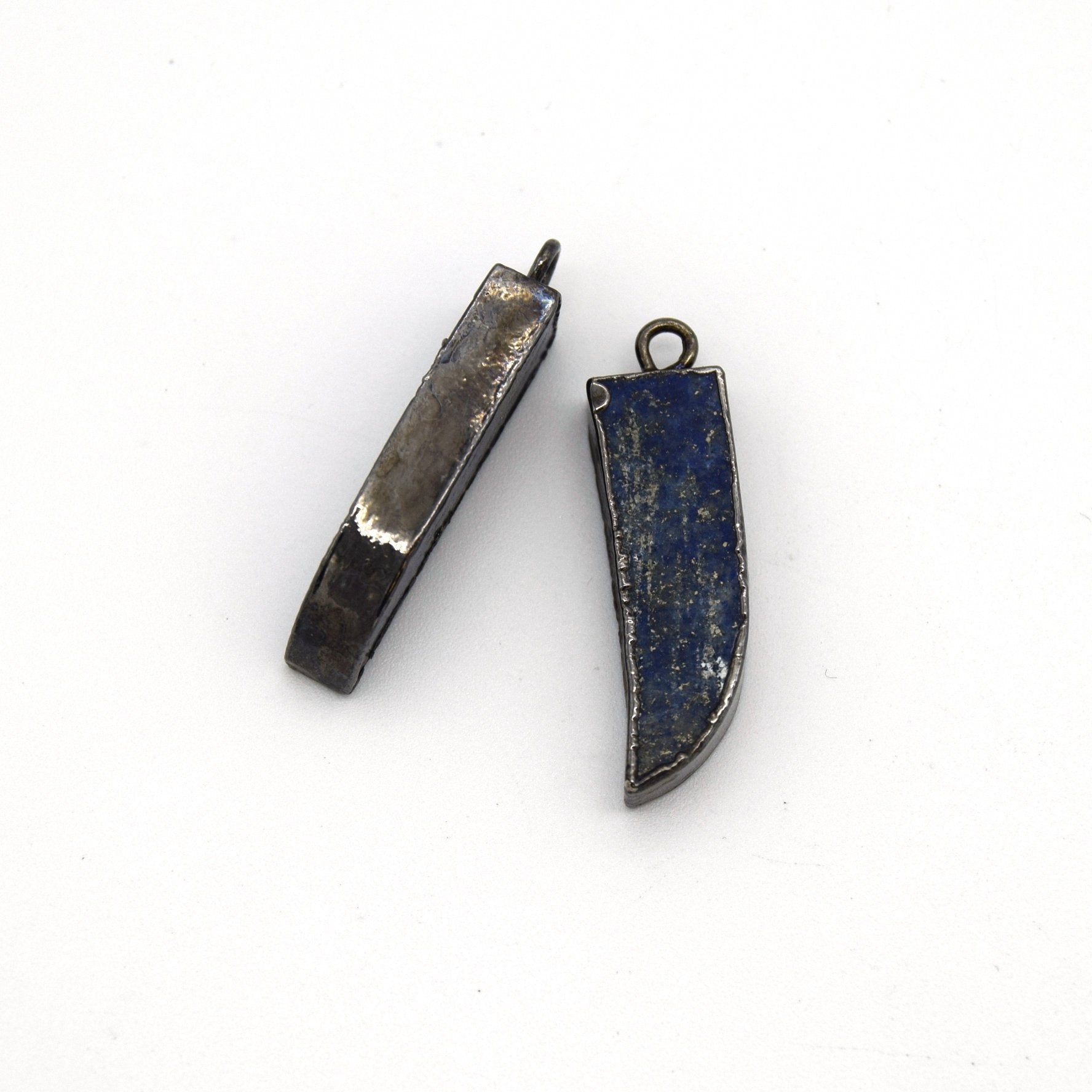 7mm x 22mm Gunmetal Plated Tusk/Fang/Horn Shaped Natural Mixed Blue/Green Lapis Lazuli Pendant