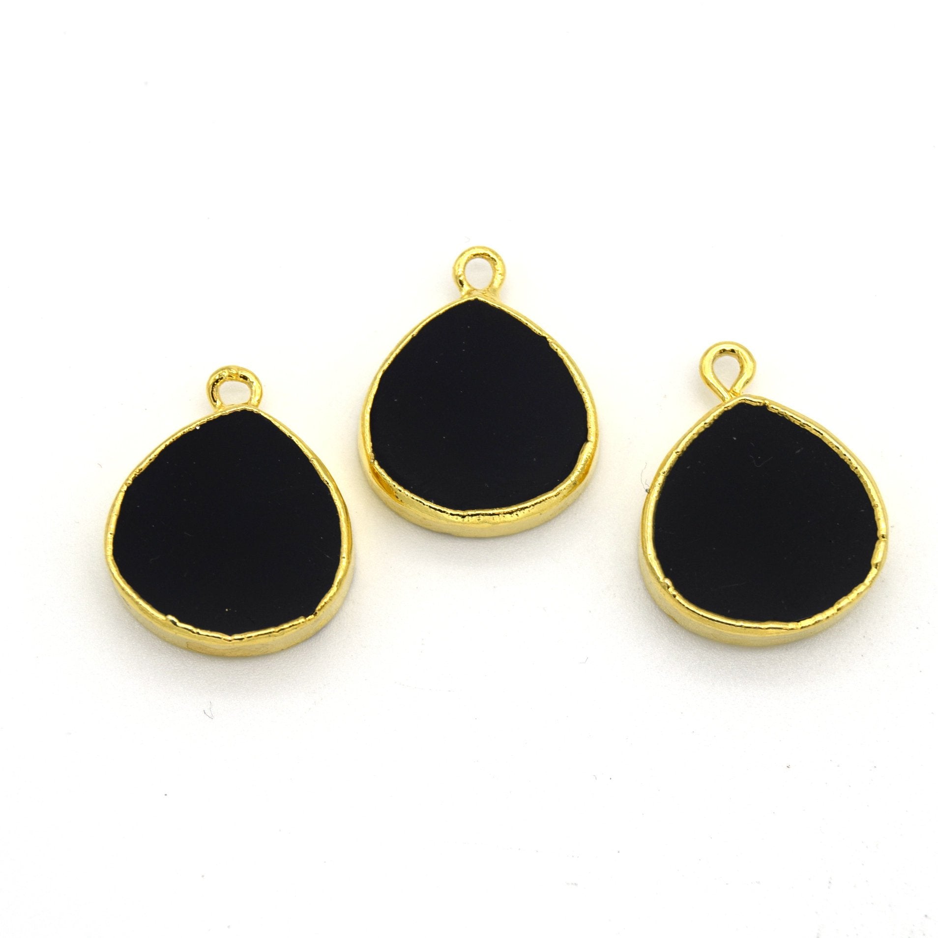 14mm x 15mm Gold Plated Flat Teardrop/Heart Shaped Black Onyx Pendants - Sold Individually