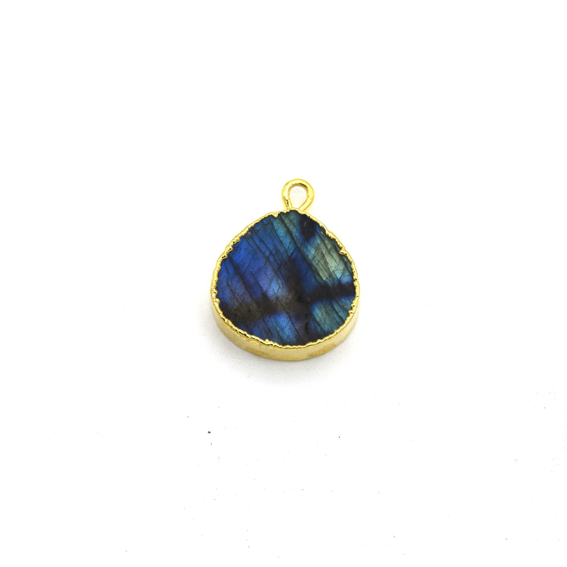 14mm x 15mm Gold Plated Flat Teardrop/Heart Shaped Iridescent Blue/Green Labradorite Pendant