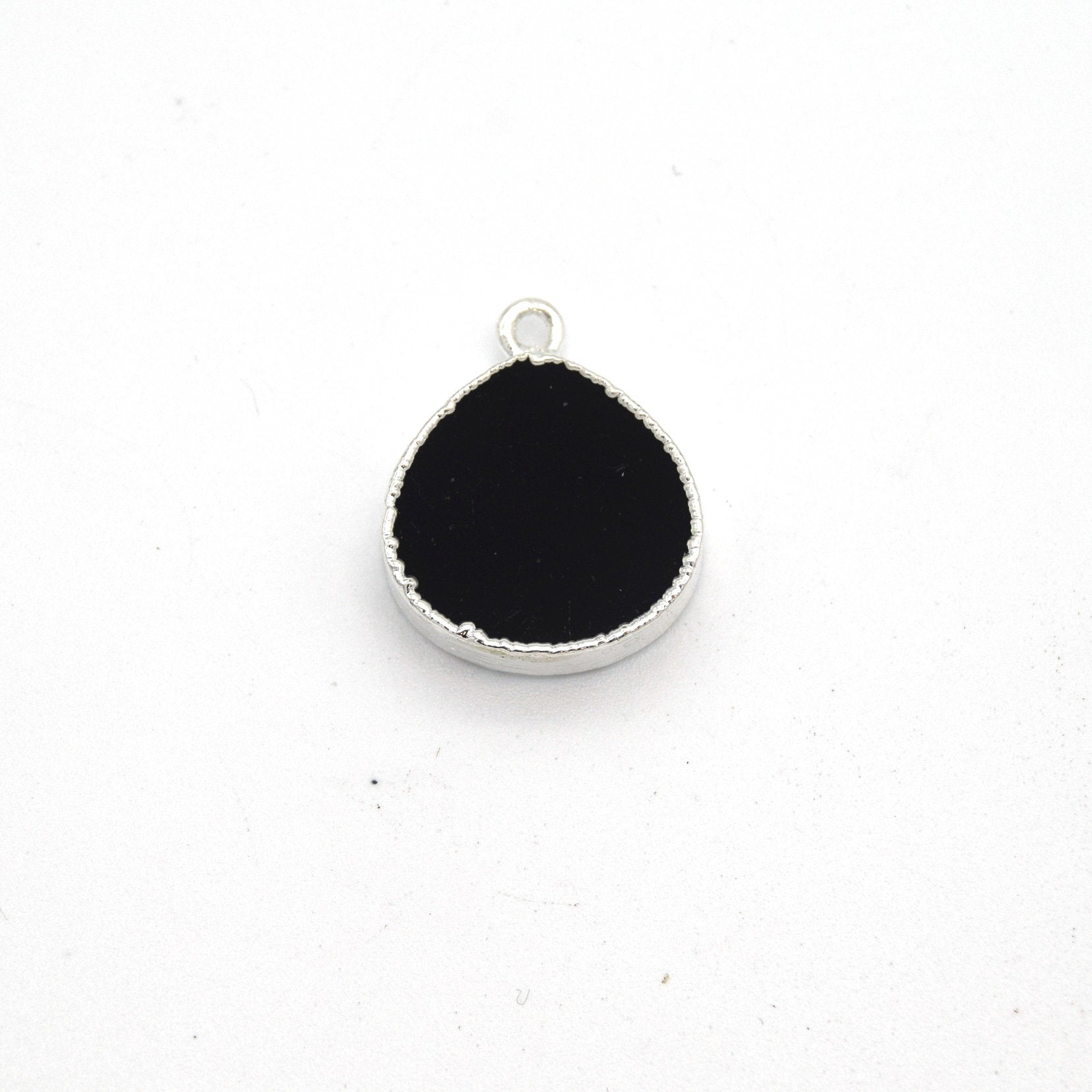 14mm x 15mm Silver Plated Flat Teardrop/Heart Shaped Black Onyx Pendants - Sold Individually