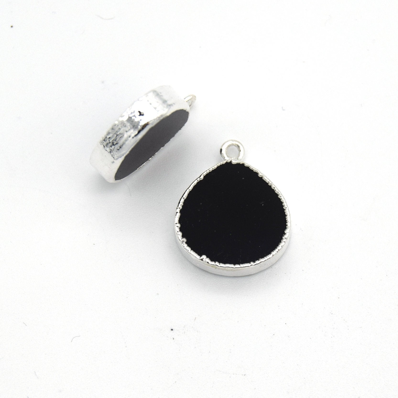 14mm x 15mm Silver Plated Flat Teardrop/Heart Shaped Black Onyx Pendants - Sold Individually