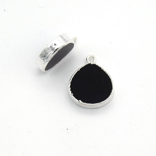 14mm x 15mm Silver Plated Flat Teardrop/Heart Shaped Black Onyx Pendants - Sold Individually