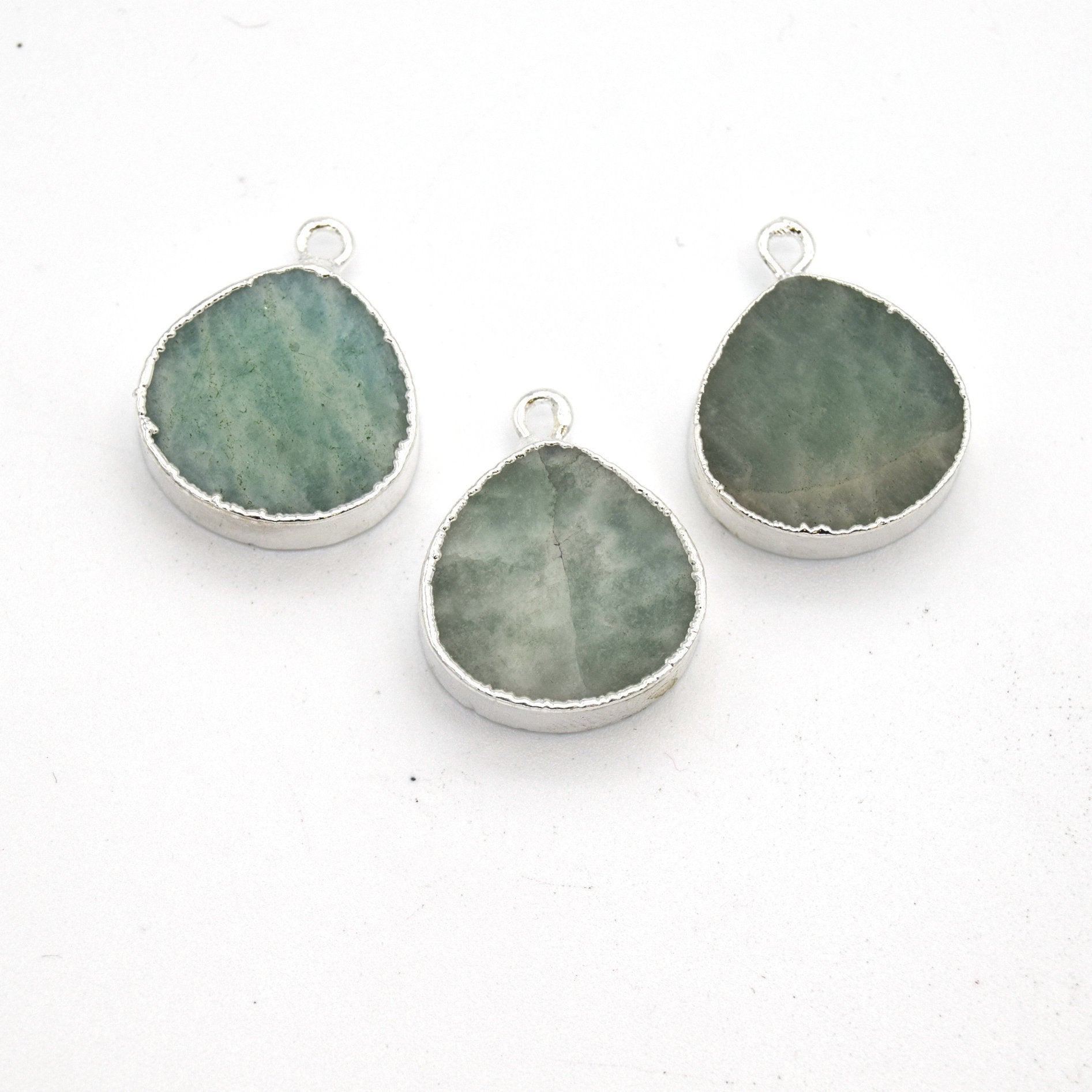 14mm x 15mm Silver Plated Flat Teardrop/Heart Shaped Pale Pastel Green Amazonite Pendant