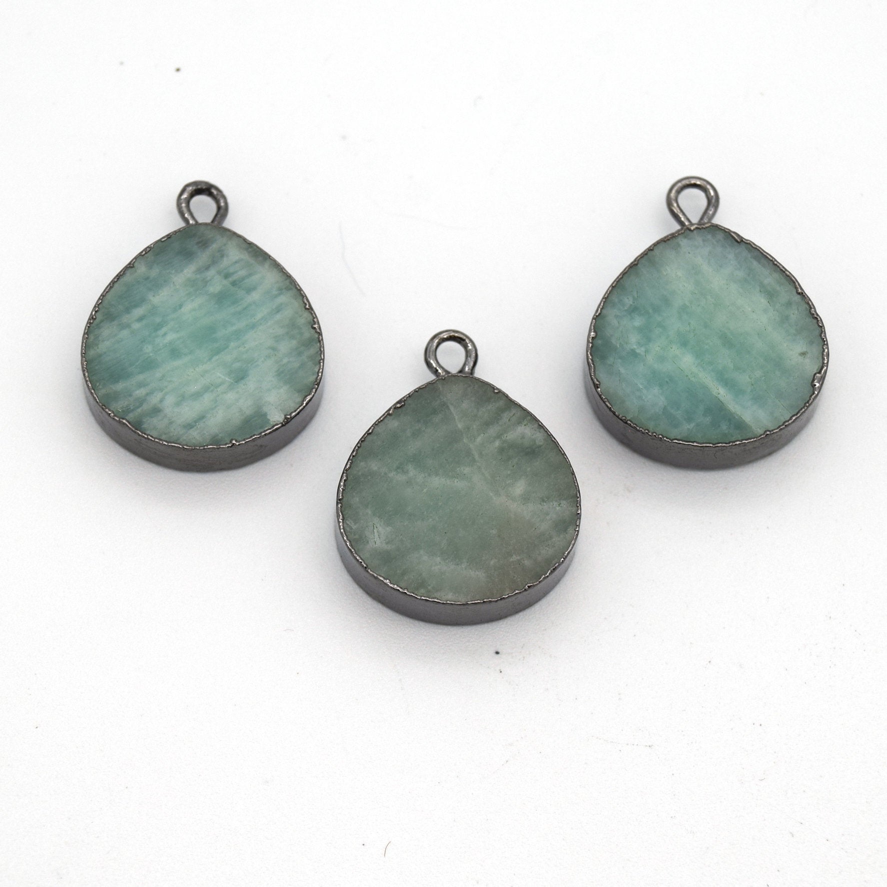 14mm x 15mm Gunmetal Plated Flat Teardrop/Heart Shaped Pale Pastel Green Amazonite Pendant