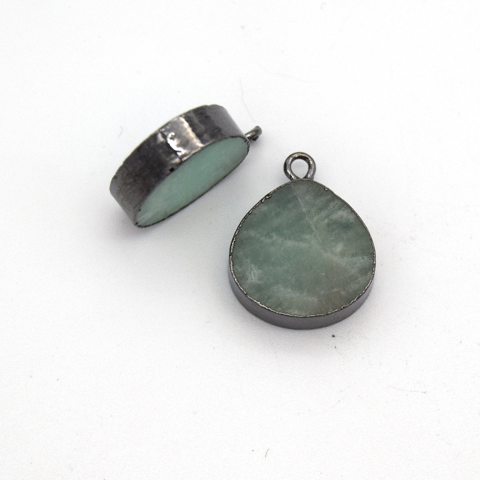 14mm x 15mm Gunmetal Plated Flat Teardrop/Heart Shaped Pale Pastel Green Amazonite Pendant