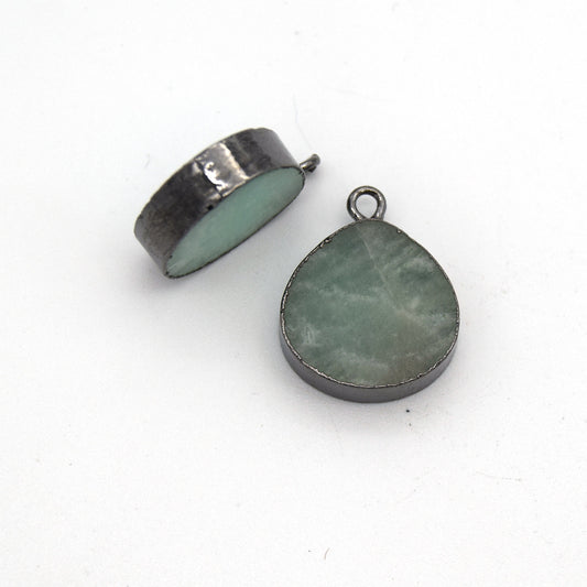14mm x 15mm Gunmetal Plated Flat Teardrop/Heart Shaped Pale Pastel Green Amazonite Pendant
