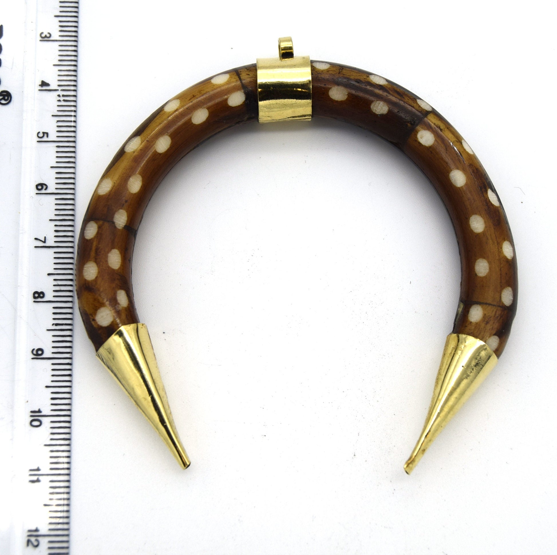 75mm x 75mm Brown Dotted Double Ended Crescent Shaped Natural Ox Bone Pendant with Gold Bail/Caps