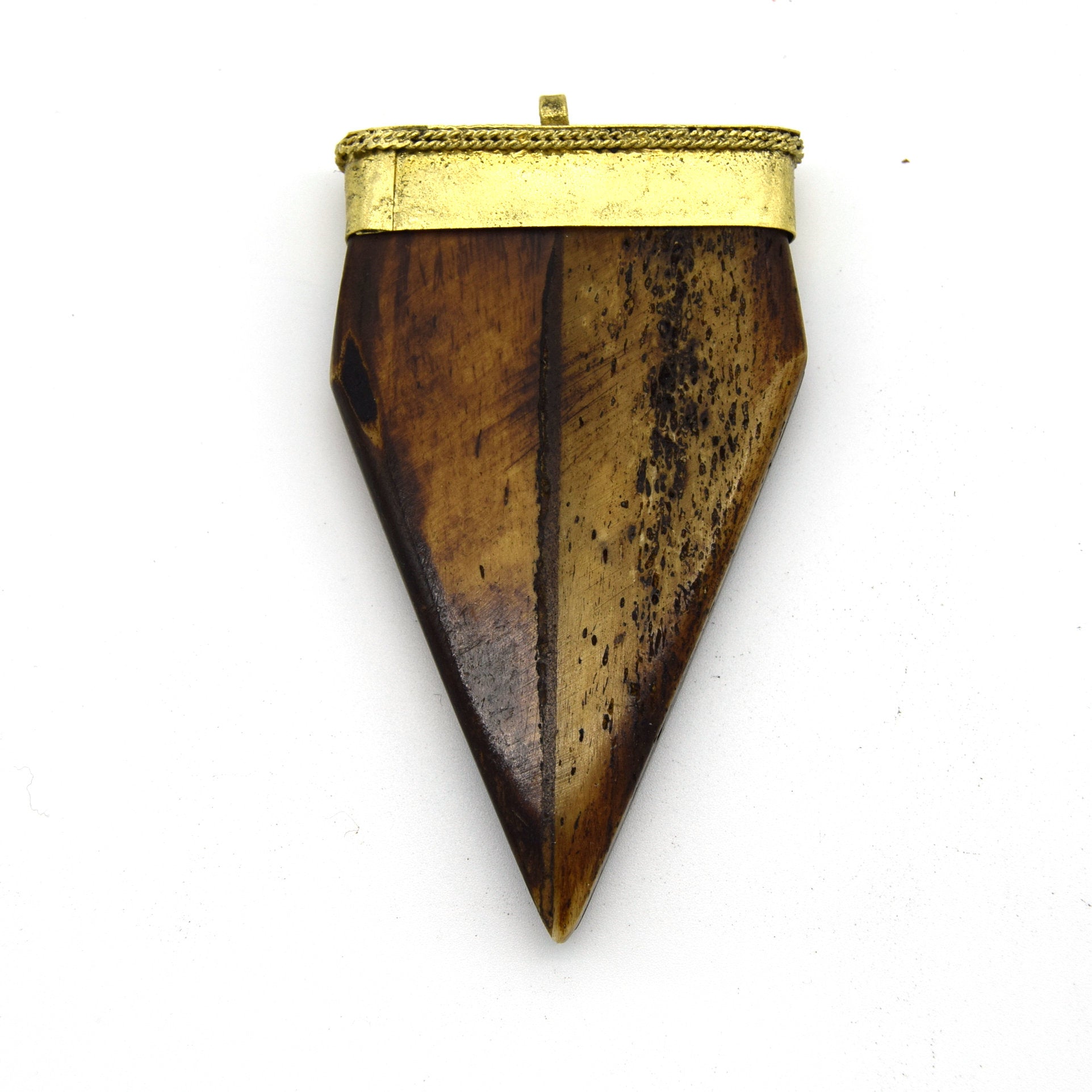 40mm x 70mm Carved Light Brown Pointed Flat Arrow Shaped Natural Ox Bone Pendant with Gold Cap