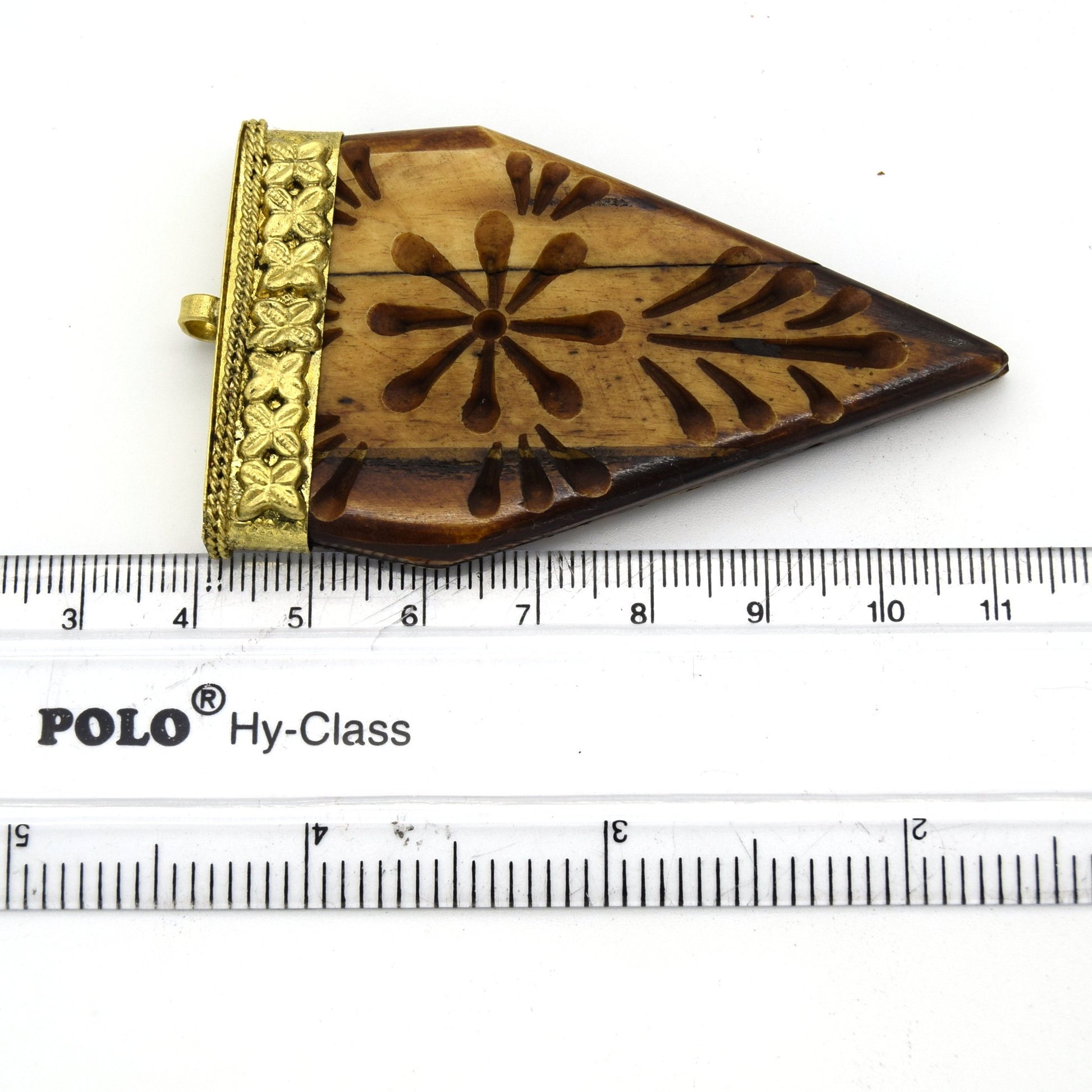 40mm x 70mm Carved Light Brown Pointed Flat Arrow Shaped Natural Ox Bone Pendant with Gold Cap