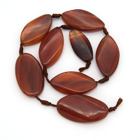 40mm x 20mm Natural Burnt Orange Agate Wavy Oval/Eye Shaped Beads - (Approx. 15" Strand ~8 Beads)