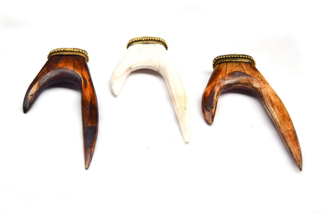 Bone Pendant | Antler Tusk Shaped Natural Ox Bone Pendant with Dotted Gold Cap - 3 Colors available