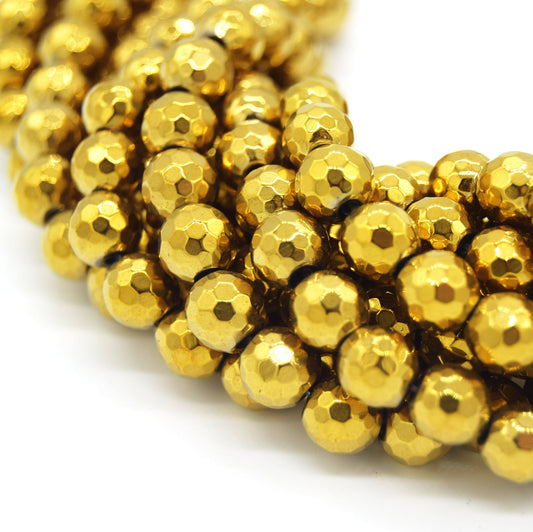 Hematite Beads | Faceted Metallic Gold Round Natural Gemstone Beads - 4mm 6mm 8mm 10mm Available