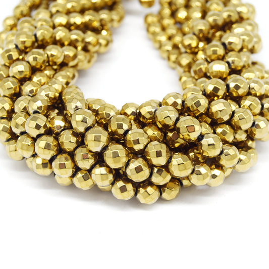 Hematite Beads |   Faceted Light Gold Round Natural Gemstone Beads - 4mm 6mm 8mm 10mm Available