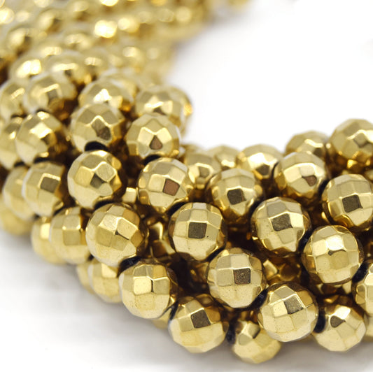 Hematite Beads |   Faceted Light Gold Round Natural Gemstone Beads - 4mm 6mm 8mm 10mm Available