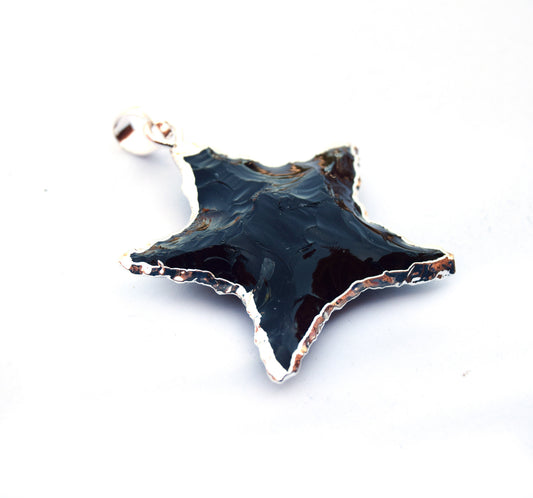 Gemstone Pendant | 35mm Approx Silver Electroplated Black Agate Gemstone Star Pendant