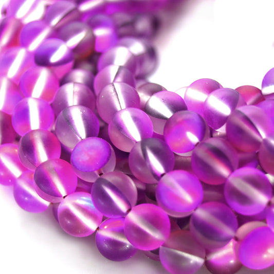 Synthetic Moonstone Beads | Mystic Aura Quartz Beads | Purple Matte Holographic Glass Beads - 6mm 8mm 10mm 12mm Available