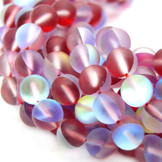 Synthetic Moonstone Beads | Mystic Aura Quartz Beads | Red Matte Holographic Glass Beads - 6mm 8mm 10mm 12mm Available