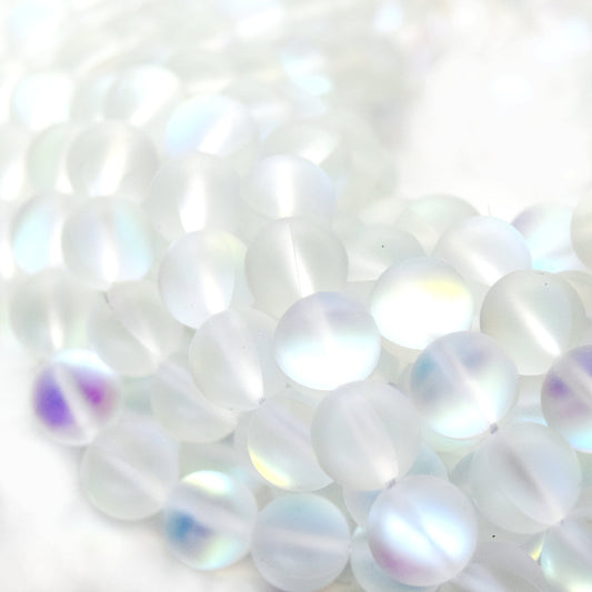 Synthetic Moonstone Beads | Mystic Aura Quartz Beads | White Matte Holographic Glass Beads - 6mm 8mm 10mm 12mm Available