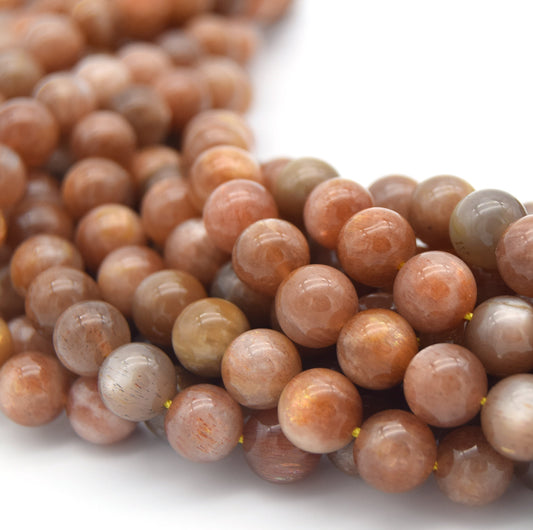 Sunstone Beads - 6mm to 14mm Round Smooth Glossy Natural Iridescent Dark Peach/Orange Gemstone Beads.