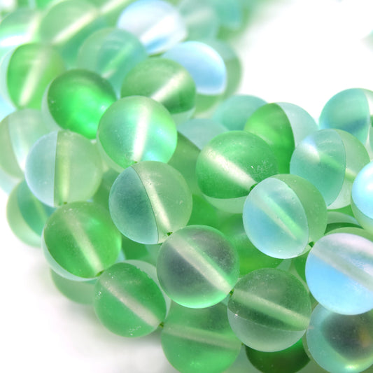 Synthetic Moonstone Beads – Mystic Aura Quartz & Green Matte Holographic Glass – Available in 6mm, 8mm, 10mm, & 12mm Sizes