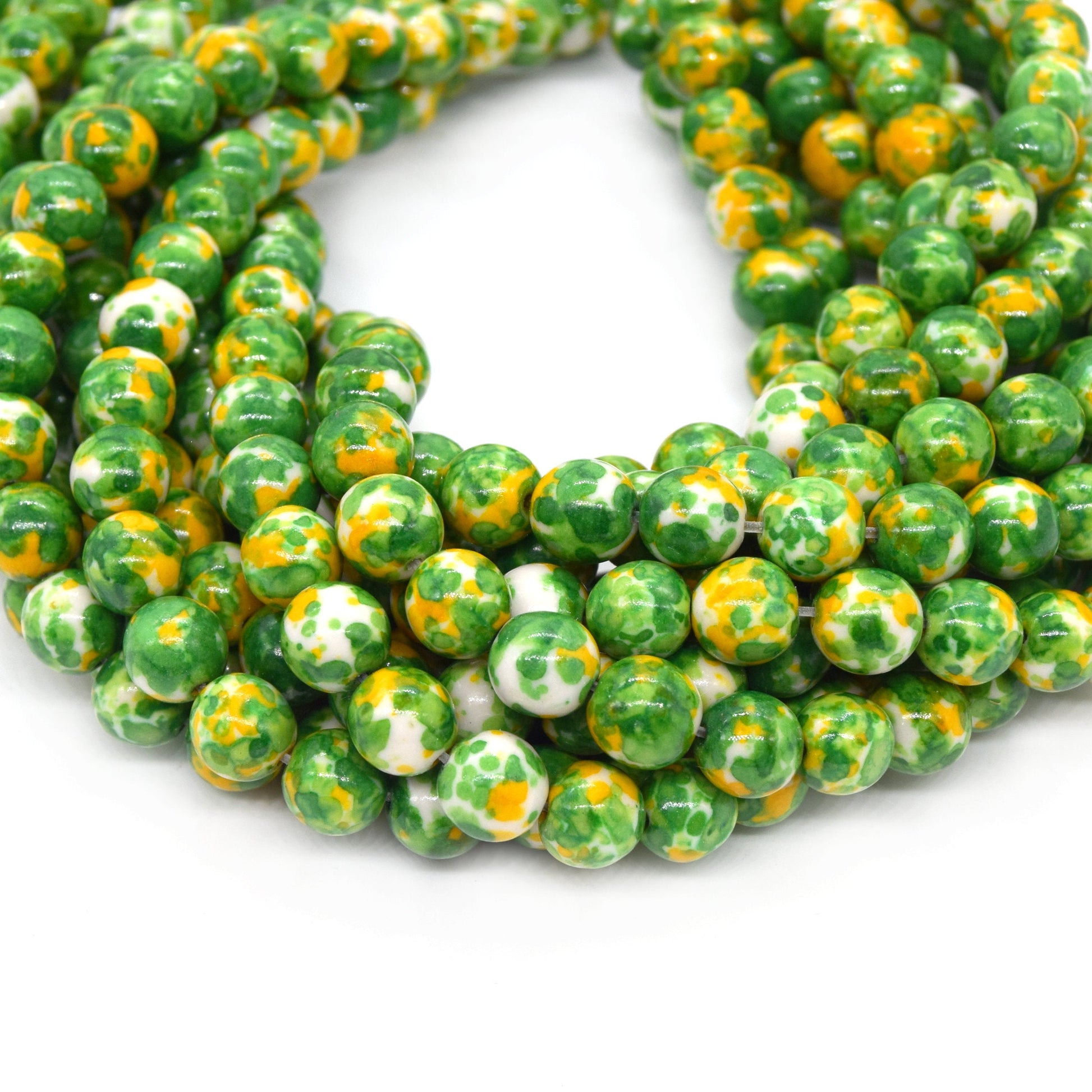 Dyed Mottled Jade Beads | Dyed Green Yellow and White Round Gemstone Beads - 8mm 10mm 12mm Available