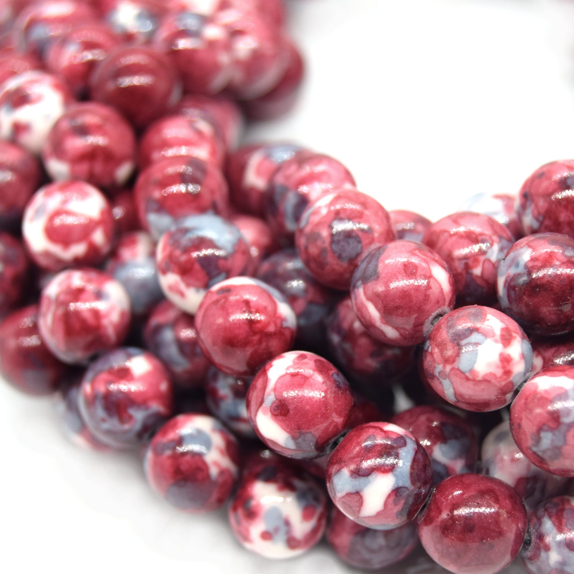 Dyed Mottled Jade Beads | Dyed Red Gray and White Round Gemstone Beads - 8mm 10mm 12mm Available