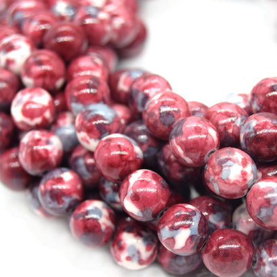 Dyed Mottled Jade Beads | Dyed Red Gray and White Round Gemstone Beads - 8mm 10mm 12mm Available