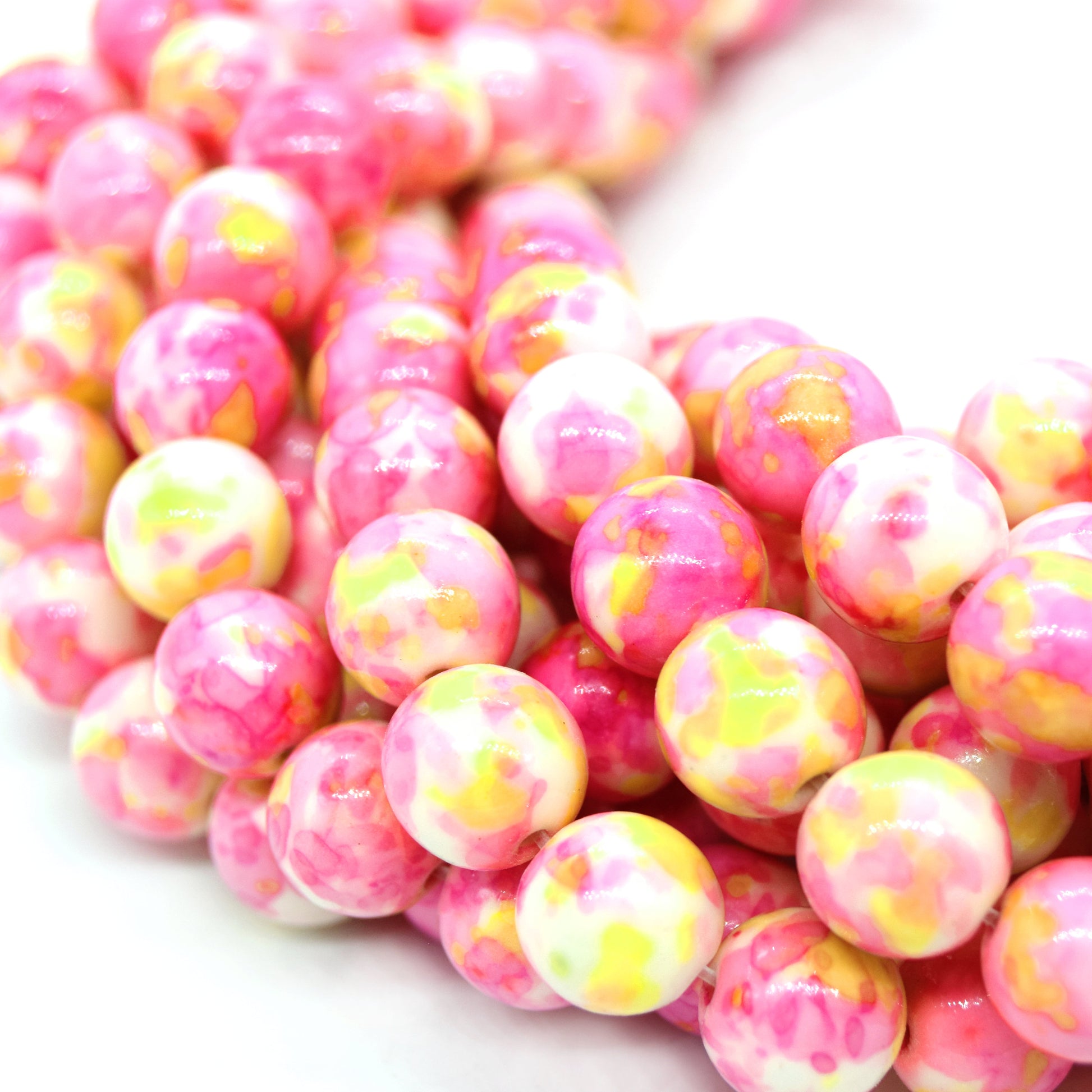Dyed Mottled Jade Beads | Dyed Pink Yellow and White Round Gemstone Beads - 8mm 10mm 12mm Available
