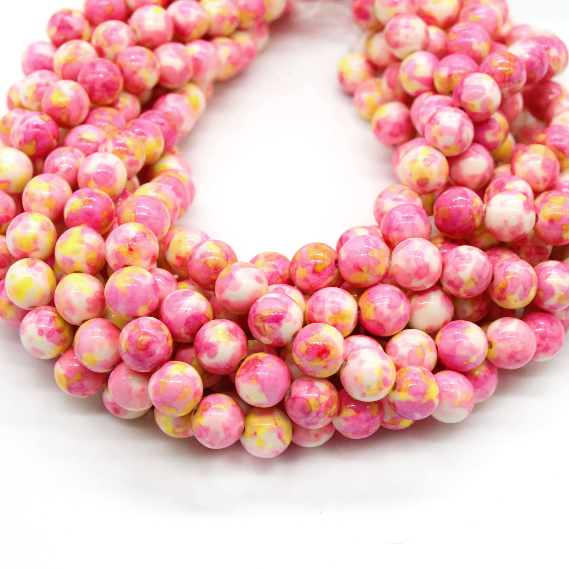 Dyed Mottled Jade Beads | Dyed Pink Yellow and White Round Gemstone Beads - 8mm 10mm 12mm Available