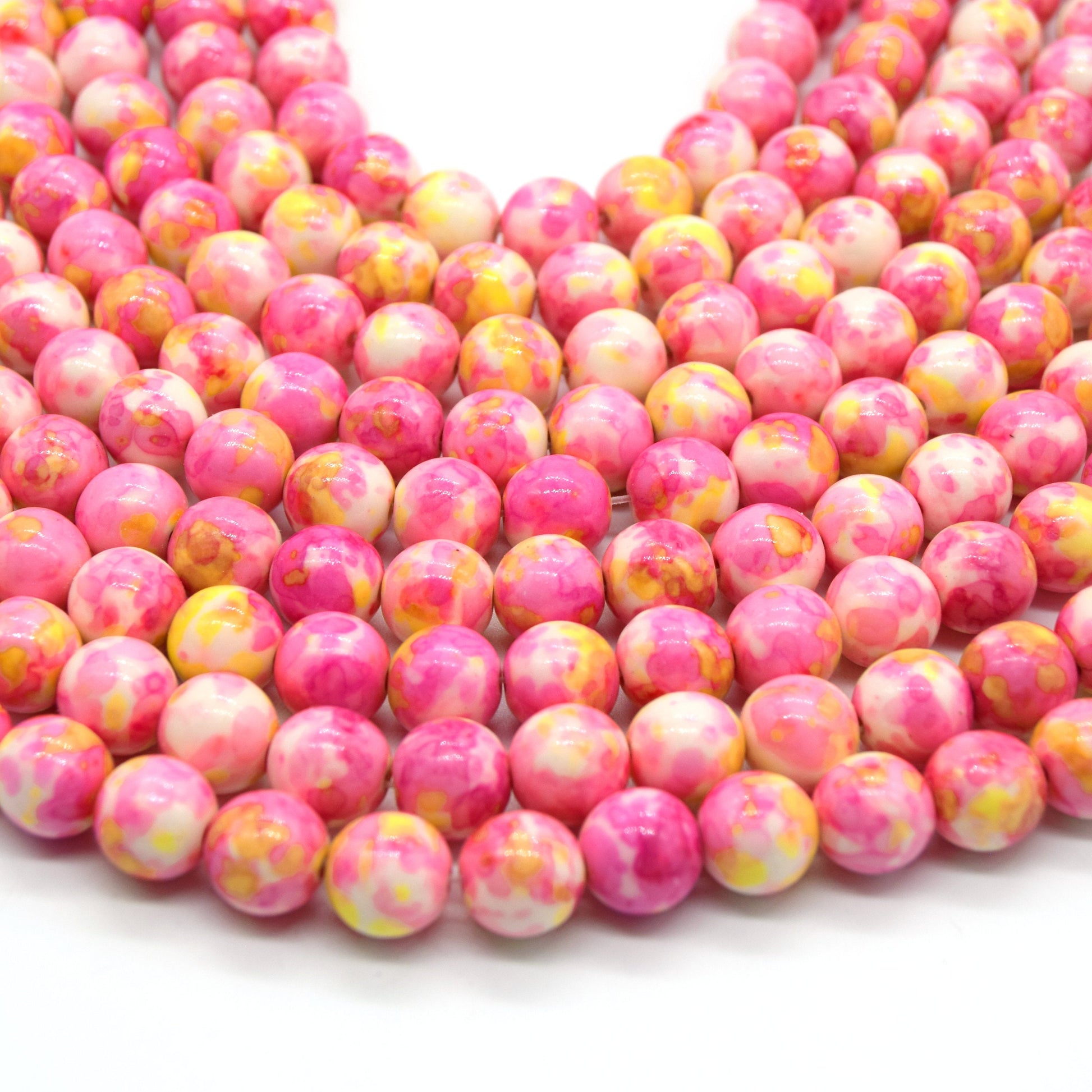 Dyed Mottled Jade Beads | Dyed Pink Yellow and White Round Gemstone Beads - 8mm 10mm 12mm Available