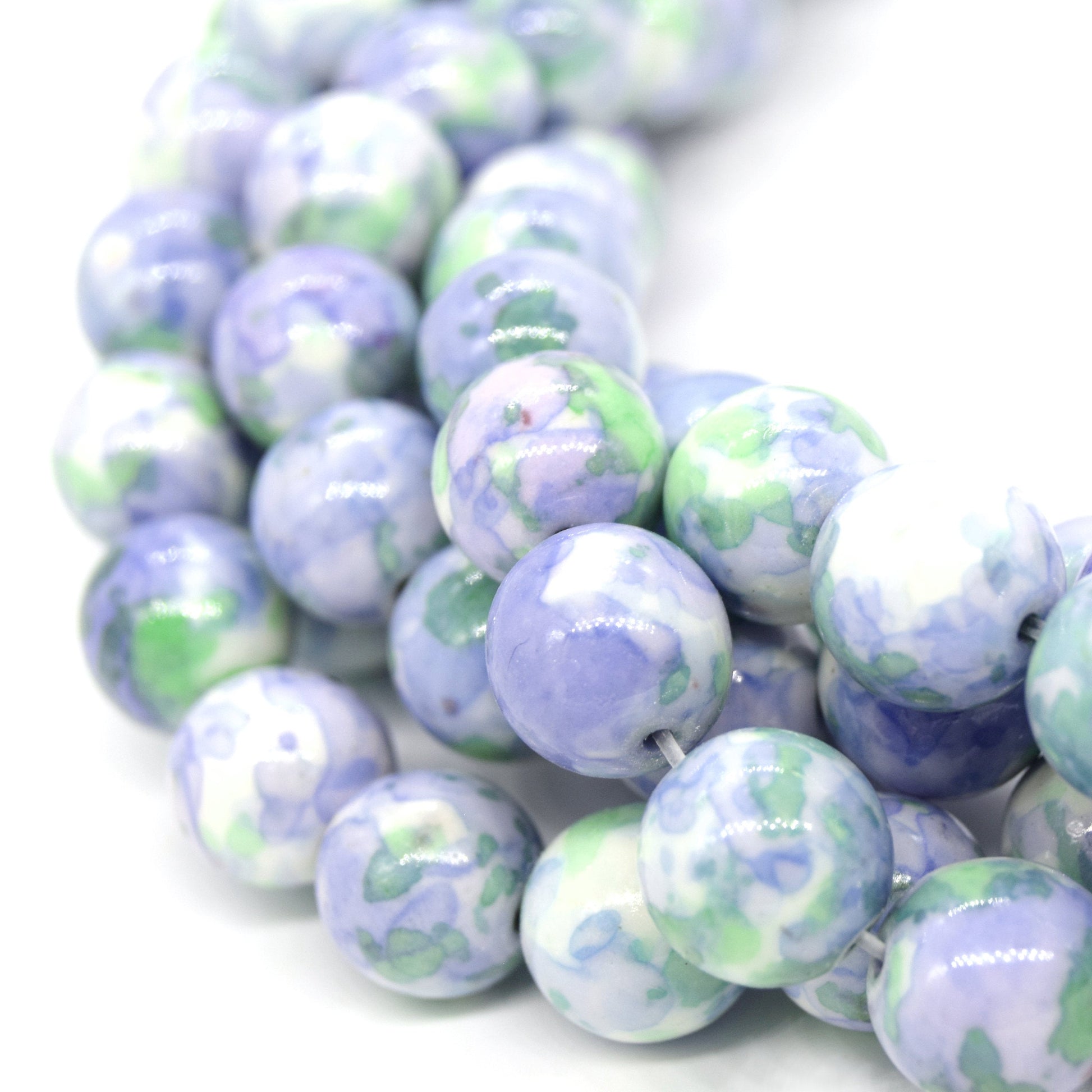 Dyed Mottled Jade Beads | Dyed Pale Blue Green and White Round Gemstone Beads - 8mm 10mm 12mm Available