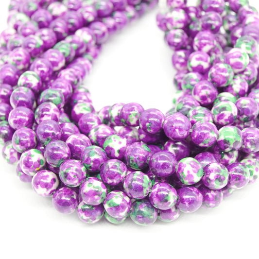 Dyed Mottled Jade Beads | Dyed Purple Green and White Round Gemstone Beads - 8mm 10mm 12mm Available