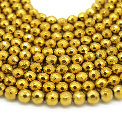 Hematite Beads | Faceted Metallic Gold Round Natural Gemstone Beads - 4mm 6mm 8mm 10mm Available