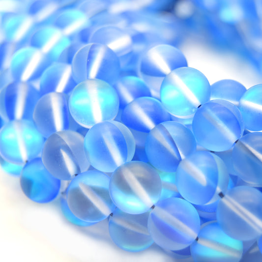 Synthetic Moonstone Beads | Mystic Aura Quartz Beads | Blue Matte Holographic Glass Beads - 6mm 8mm 10mm 12mm Available