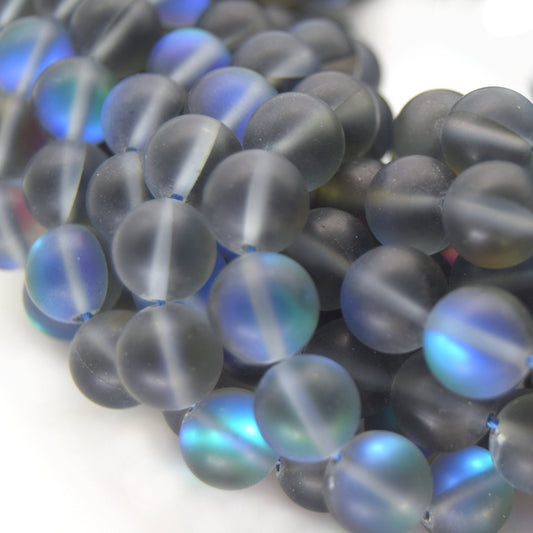 Synthetic Moonstone Beads | Mystic Aura Quartz Beads | Gray Matte Holographic Glass Beads - 6mm 8mm 10mm 12mm Available