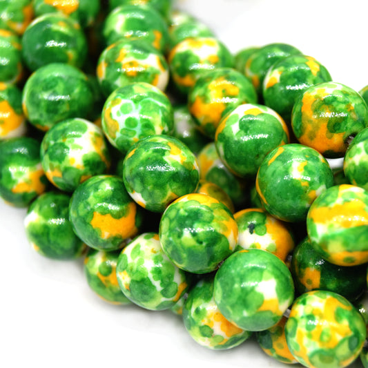 Dyed Mottled Jade Beads | Dyed Green Yellow and White Round Gemstone Beads - 8mm 10mm 12mm Available