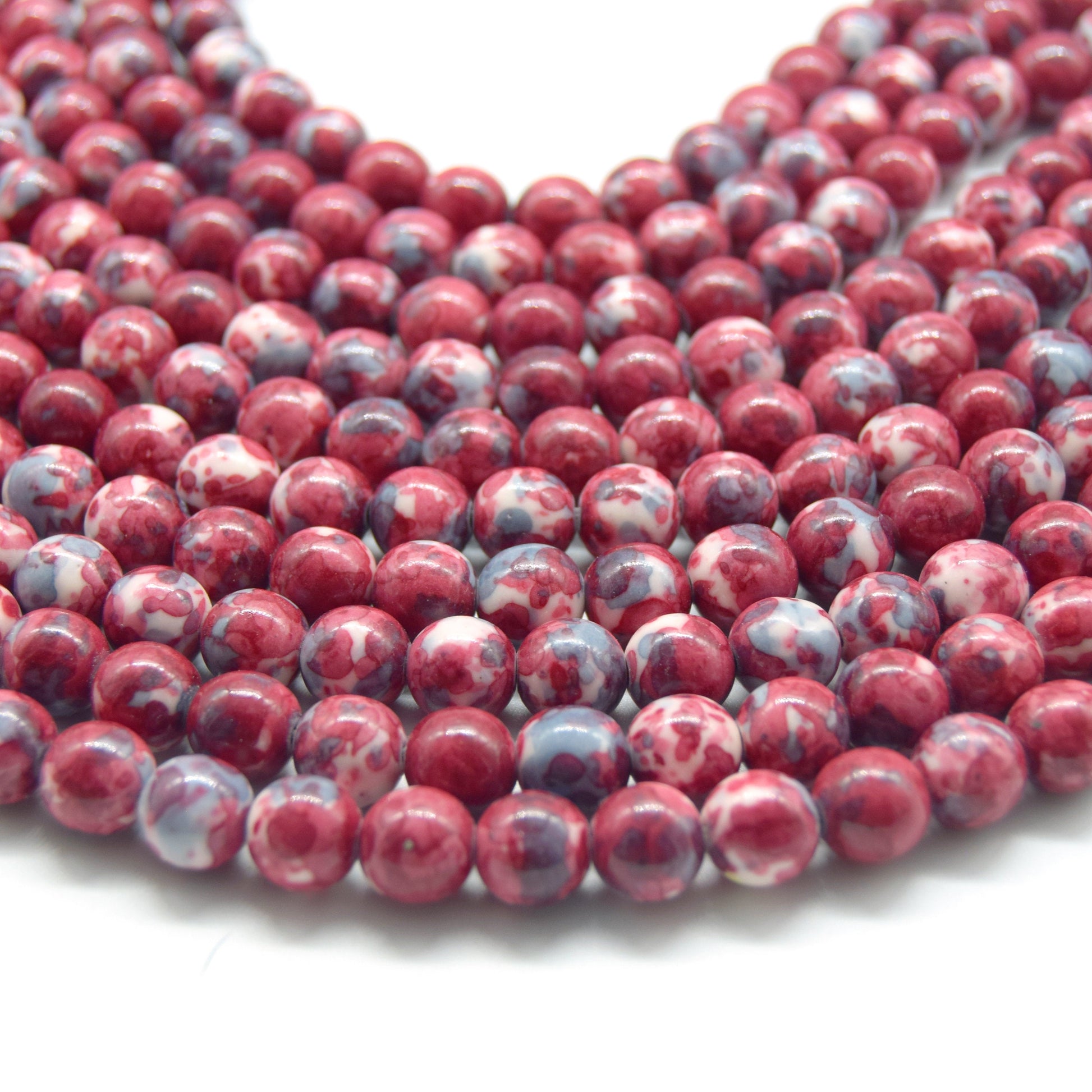 Dyed Mottled Jade Beads | Dyed Red Gray and White Round Gemstone Beads - 8mm 10mm 12mm Available